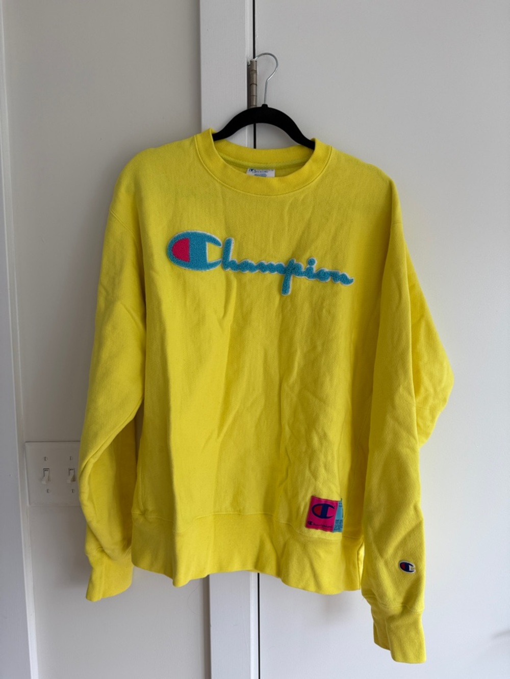 Champion Bright Yellow Pullover Sweatshirt with Blue & Pink Logo